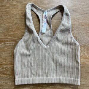 FP Movement XS Longline V Neck Sports Bra Free People Ribbed Brown Nude Beige